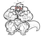  alphys anthro big_muscles blush bodily_fluids buckteeth embarrassed eyewear female front_view furry_(artist) glasses hi_res huge_muscles hyper hyper_muscles looking_at_viewer muscular muscular_female nude pussy reptile scalie solo standing sweat teeth thick_tail undertale video_games 