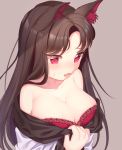  1girl animal_ear_fluff animal_ears bangs bare_shoulders blush bra breasts brown_hair cleavage collarbone commentary dress eyebrows_visible_through_hair grey_background imaizumi_kagerou lace lace-trimmed_bra large_breasts long_hair long_sleeves off-shoulder_dress off_shoulder open_mouth red_bra red_eyes satomachi simple_background solo strapless strapless_bra sweat touhou underwear upper_body white_dress wolf_ears 