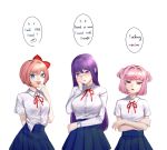  3girls :d annoyed aqua_nails bangs blue_eyes blue_skirt blush bow breasts crossed_arms doki_doki_literature_club embarrassed english_text eyebrows_visible_through_hair fang finger_to_mouth frown hair_between_eyes hair_bow hair_ornament hairclip hand_on_own_face highres large_breasts long_hair long_sleeves looking_at_viewer looking_away medium_breasts multiple_girls natsuki_(doki_doki_literature_club) neck_ribbon open_mouth pink_eyes pink_hair pink_nails pleated_skirt potetos7 purple_eyes purple_hair purple_nails red_bow red_ribbon ribbon sayori_(doki_doki_literature_club) school_uniform shirt short_hair short_sleeves simple_background skirt small_breasts smile speech_bubble sweatdrop two_side_up upper_body v-shaped_eyebrows white_background white_shirt wing_collar x_hair_ornament yuri_(doki_doki_literature_club) 