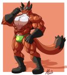  abs anthro biceps boots bulge chest_fur clothing footwear gloves handwear hi_res male mostly_nude muscular muscular_male nintendo pecs pok&eacute;mon pok&eacute;mon_(species) solo speedo standing swimwear thievul video_games yongdasom 