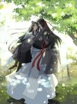  2boys artist_name black_footwear black_hair brown_eyes carrying chinese_clothes day eye_contact hair_ribbon headband highres long_hair looking_at_another male_focus mo_dao_zu_shi multiple_boys muse_(rainforest) outdoors red_ribbon ribbon standing tree very_long_hair wangji_lan white_headband wide_sleeves wuxian_wei yaoi 