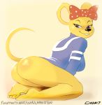  2017 4_toes anthro bedroom_eyes big_ears black_nose blue_eyes body_blush bottomless bow breasts buckteeth butt clothed clothing diddy_kong_racing digital_media_(artwork) donkey_kong_(series) english_text eyelashes female full-length_portrait fur glistening half-closed_eyes kneeling lapinstein looking_back mammal mouse murid murine narrowed_eyes nintendo pattern_clothing pipsy_the_mouse portrait presenting presenting_hindquarters raised_tail rodent seductive side_view signature simple_background sitting smile solo spots spotted_clothing teeth text toes topwear video_games yellow_background yellow_body yellow_fur 