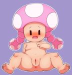  anthro anus blush bodily_fluids breasts butt female hi_res humanoid looking_at_viewer mammal mario_bros nintendo nipples not_furry nude open_mouth purple_background pururing pussy short_stack shy simple_background sitting solo sweat sweatdrop thick_thighs toad_(mario) toadette tongue video_games wide_hips 