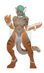  2017 animal_humanoid ear_piercing felid felid_humanoid female green_hair hair humanoid lyn_(z-ray) mammal mammal_humanoid markings nude pantherine pantherine_humanoid piercing pussy simple_background solo standing stripes taus tiger_humanoid transformation white_background 