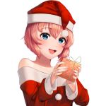 1girl :d artist_name bangs bare_shoulders blue_eyes box christmas commentary doki_doki_literature_club english_commentary eyebrows_visible_through_hair gift gift_box hair_between_eyes hat highres incoming_gift long_sleeves looking_at_viewer off_shoulder open_mouth pink_hair pom_pom_(clothes) santa_costume santa_hat sasoura sayori_(doki_doki_literature_club) short_hair simple_background smile solo star star_print upper_body white_background 