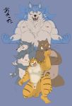 2011 anthro balls belly blue_body blue_fur brown_body brown_fur canid canine canis felid flaccid fur group humanoid_hands japanese_text maguro male mammal moobs nipples overweight overweight_male pantherine penis simple_background suid suina sus_(pig) text tiger wild_boar wolf 