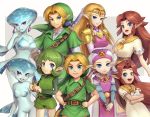  1boy 4girls age_comparison belt blonde_hair blue_eyes blue_skin brown_hair cucco dress earrings gonzarez green_hair green_headwear green_shirt green_shorts green_tunic jewelry link long_hair looking_at_viewer malon multiple_girls pink_dress pointy_ears princess_ruto princess_zelda purple_eyes saria shield shirt shorts smile sword the_legend_of_zelda the_legend_of_zelda:_ocarina_of_time weapon white_dress 