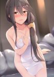  1girl akahi242 bare_shoulders blush brown_eyes eyebrows_visible_through_hair grey_hair hair_between_eyes hair_ornament hair_scrunchie haruna_(kantai_collection) highres kantai_collection long_hair looking_at_viewer naked_towel onsen open_mouth partially_submerged scrunchie smile solo towel yellow_scrunchie 