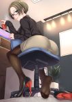  1girl ass bangs black_legwear black_sweater brown_hair brown_skirt coffee_cup cup disposable_cup from_below full_body grey_eyes high_heels highres holding holding_cup kyuuso_inukami looking_at_viewer office_lady original pantyhose parted_bangs ribbed_sweater shoes_removed short_hair sitting skirt smile soles solo sweater swivel_chair 