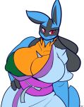  2020 anthro blue_body breasts clothed clothing day-t female hi_res looking_at_viewer lucario multicolored_body nintendo nipple_outline pok&eacute;mon pok&eacute;mon_(species) simple_background small_head solo video_games white_background 