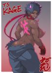  1girl ass aura back back_tattoo black_hair black_sclera breasts butt_crack constricted_pupils dark_persona dark_skin fingerless_gloves from_behind genderswap genderswap_(mtf) gloves glowing_horns heaven_(kanji) kage_(street_fighter) large_breasts looking_back muscle muscular_female neone nipples oni_horns red_eyes red_gloves ryuu_(street_fighter) solo street_fighter street_fighter_v tattoo topless tusks 