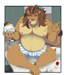  2011 anthro barely_visible_genitalia bed belly bulge clothing cute_fangs felid food furniture genitals hi_res lion maguro male mammal moobs navel nipples overweight overweight_male pantherine solo underwear 