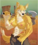  anthro axe breasts canid canine clothed clothing female glenthefossa hi_res mammal melee_weapon muscular muscular_female scar topless weapon 