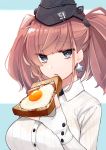  1girl atlanta_(kantai_collection) bacon bangs black_eyes bread breasts brown_hair commentary earrings egg eyebrows_visible_through_hair food garrison_cap gloves hat headgear highres holding holding_food jewelry kantai_collection katsuobushi_(eba_games) large_breasts long_sleeves open_mouth partly_fingerless_gloves single_earring solo star star_earrings sunny_side_up_egg toast twintails upper_body white_gloves 