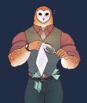  2018 anthro avian barn_owl bird blue_background clothed clothing falcon_mccooper feathers hi_res male masked_owl money owl simple_background solo spots tan_body tan_feathers tytonid white_spots wine_glass 