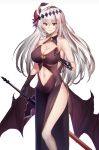  1girl bare_shoulders black_dress black_gloves breasts cleavage dark_jeanne demon_wings dress eyebrows_visible_through_hair eyes_visible_through_hair flower gloves granblue_fantasy hair_flower hair_ornament highres inuikentarou_(mfwt5357) jeanne_d&#039;arc_(granblue_fantasy) long_hair navel navel_cutout red_eyes side_slit simple_background smile solo sword weapon white_background white_hair wings 