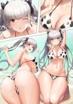  1girl :d animal_print armpits arms_behind_head ass azur_lane bangs beach bikini blush breasts cleavage cow_print earrings eyebrows_visible_through_hair formidable_(azur_lane) greem_bang highres jewelry kneeling long_hair looking_at_viewer ocean open_mouth red_eyes silver_hair smile solo starfish swimsuit teeth twintails wet 