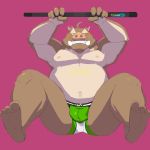  2011 anthro belly blush brown_body brown_fur bulge butt clothing fur humanoid_hands maguro male mammal moobs navel nipples overweight overweight_male sitting solo suid suina sus_(pig) underwear wild_boar 