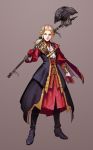  1girl aiguillette axe black_footwear bloodborne boots brooch brown_background cape cravat edelgard_von_hresvelg fire_emblem fire_emblem:_three_houses full_body gloves gold_trim highres horns jewelry long_sleeves looking_at_viewer over_shoulder purple_eyes red_cape red_gloves shroedinger simple_background solo 