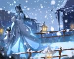  2boys animal architecture black_hair bunny child chinese_clothes east_asian_architecture hand_up highres holding holding_animal lantern long_hair male_focus mo_dao_zu_shi multiple_boys muse_(rainforest) outdoors railing sidelocks snowing wangji_lan white_robe 