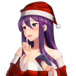  1girl :d artist_name bangs bare_shoulders blush box christmas commentary doki_doki_literature_club english_commentary gift gift_box hair_between_eyes hair_ornament hairclip hat highres incoming_gift long_hair long_sleeves looking_away off_shoulder open_mouth pom_pom_(clothes) purple_eyes purple_hair santa_costume santa_hat sasoura sidelocks simple_background smile solo upper_body white_background yuri_(doki_doki_literature_club) 
