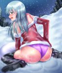  1girl aqua_hair ass bangs blush boots breath christmas commentary_request dress elbow_gloves eyebrows_visible_through_hair from_behind fur-trimmed_dress fur-trimmed_gloves fur_trim gloves green_eyes hair_ornament hairclip kantai_collection long_hair looking_at_viewer looking_back open_mouth outdoors panties purple_panties red_dress red_gloves revision santa_costume sitting snow snowing solo straight_hair suzuya_(kantai_collection) sweatdrop tearing_up thigh_boots thighhighs underwear wariza winter zanntetu 