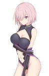  1girl bare_shoulders black_leotard blush breasts cleavage cleavage_cutout closed_mouth collar elbow_gloves elfenlied22 fate/grand_order fate_(series) gloves hair_over_one_eye highleg highleg_leotard highres large_breasts lavender_hair leotard looking_at_viewer mash_kyrielight metal_collar navel navel_cutout purple_eyes purple_gloves short_hair simple_background smile solo thighs white_background 