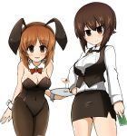  2girls absurdres alternate_costume animal_ears bangs black_legwear black_leotard black_neckwear black_skirt black_vest blush bow bowtie breasts brown_eyes brown_hair bunny_ears bunnysuit card checkered_jacket cleavage closed_mouth collar commentary covered_navel cup detached_collar dress_shirt drinking_glass eyebrows_visible_through_hair fake_animal_ears girls_und_panzer hand_on_hip highres holding holding_card holding_tray kumo_(atm) leotard light_frown long_sleeves looking_at_viewer medium_breasts miniskirt multiple_girls nishizumi_maho nishizumi_miho open_mouth pantyhose pencil_skirt playing_card red_neckwear shirt short_hair siblings simple_background sisters skirt smile standing tray vest white_background white_collar white_shirt wine_glass wing_collar wrist_cuffs 