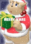  2010 anthro bodily_fluids brown_body brown_fur canid canine christmas clothing fur hat headgear headwear holidays humanoid_hands kemono kiyo mammal overweight santa_hat solo sweat text 