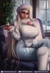  1girl alcohol artist_name blue_eyes boots breasts crossed_legs cup drinking_glass fur fur_boots fur_collar fur_hat hat highres large_breasts long_hair looking_at_viewer luminyu mature melon_(pokemon) pantyhose pokemon pokemon_(game) pokemon_swsh sitting smile sweater very_long_hair white_sweater wine wine_glass 