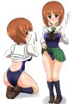  1girl absurdres backless_swimsuit bangs black_legwear black_neckwear blouse blue_swimsuit blush brown_eyes brown_footwear brown_hair closed_mouth commentary_request competition_swimsuit embarrassed eyebrows_visible_through_hair from_behind frown girls_und_panzer green_skirt highres kneeling kumo_(atm) lifted_by_self loafers long_sleeves looking_at_viewer looking_back miniskirt multiple_views neckerchief nishizumi_miho one-piece_swimsuit ooarai_school_uniform open_mouth pleated_skirt school_uniform serafuku shadow shirt_lift shoes short_hair simple_background sitting skirt skirt_lift socks solo standing sweatdrop swimsuit swimsuit_under_clothes thigh_gap translated white_background white_blouse 