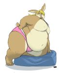  anthro belly big_belly brown_body brown_fur buckteeth bulge butt chubby_cheeks clothed clothing facial_hair fur gillpanda goatee hair lagomorph leporid love_handles male mammal moobs navel nipples obese obese_male open_mouth open_smile overweight overweight_male pinup ponytail pose rabbit smile solo teeth thick_thighs topless underwear 