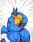  biceps blue_body day-t duo fur grey_body hi_res lucario muscular nintendo pecs pok&eacute;mon pok&eacute;mon_(species) quads simple_background size_difference small_head video_games white_background yellow_body yellow_fur 