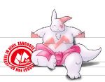  2013 anthro belly blush bulge eyes_closed male moobs nintendo overweight overweight_male pok&eacute;mon pok&eacute;mon_(species) siro_ko sitting solo text video_games zangoose zangoose_day 