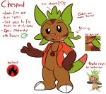  2_toes 3_fingers anthro black_sclera brown_body brown_fur burn_scar chespaul chespin claws clothing english_text featureless_crotch felino fingers fur hand_on_hip hi_res looking_at_viewer male model_sheet nintendo open_mouth pink_nose pok&eacute;mon pok&eacute;mon_(species) red_clothing red_topwear solo_focus striped_body striped_fur stripes text toe_claws toes topwear treecko treecky video_games white_backgroud white_eyes 