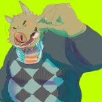  1:1 2012 anthro blush clothing eyes_closed humanoid_hands maguro male mammal overweight overweight_male simple_background solo suid suina sus_(pig) sweater topwear wild_boar 