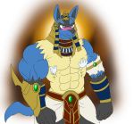  abs anthro armor biceps blush bodily_fluids bracers clothed clothing disembodied_hand egyptian flameydragwasp headdress hi_res loincloth lucario male muscular muscular_male nintendo pecs pharoah pok&eacute;mon pok&eacute;mon_(species) solo standing sweat topless video_games 