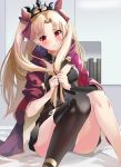 1girl asymmetrical_legwear asymmetrical_sleeves bangs black_legwear blonde_hair blush bow breasts cape closed_mouth detached_collar earrings ereshkigal_(fate/grand_order) fate/grand_order fate_(series) gold_trim hair_bow highres holding holding_hair infinity jewelry knees_together_feet_apart knees_up long_hair looking_at_viewer medium_breasts parted_bangs red_bow red_cape red_eyes single_sleeve single_thighhigh sitting skull solo thighhighs thighs tiara tukise_33 two_side_up 