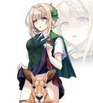  1girl animal blonde_hair blue_neckwear braid braided_bangs braided_bun breasts buttons collared_shirt commentary_request eyebrows_visible_through_hair gesugao green_vest iya_na_kao_sare_nagara_kozukuri_sasete_moraitai kangaroo kantai_collection large_breasts lifted_by_self multiple_views necktie open_mouth perth_(kantai_collection) purple_eyes shaded_face shirt short_hair simple_background skirt skirt_lift tk8d32 vest white_background white_shirt 