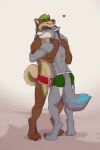  &lt;3 2020 anthro biped brown_body brown_fur bulge canid canine canis claws clothing curled_tail digital_media_(artwork) digitigrade domestic_dog duo eyes_closed fingers fur green_clothing green_underwear grey_body grey_fur hair hi_res hug male male/male mammal multicolored_body multicolored_fur muscular muscular_male odu red_clothing red_underwear shiba_inu simple_background smile spitz tan_body tan_fur toe_claws toes underwear wolf 