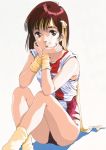  1girl 80s chin_rest crossed_legs gainax headband highres leotard looking_at_viewer mikimoto_haruhiko official_art oldschool red_eyes red_hair scan scarf shadow simple_background sitting smile solo takaya_noriko top_wo_nerae! white_background yellow_legwear 