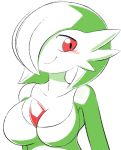  big_breasts blush breasts clothed clothing female gardevoir hair hi_res humanoid mammal nintendo not_furry pok&eacute;mon pok&eacute;mon_(species) pururing red_eyes simple_background smile solo video_games white_background 