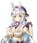  1girl animal_ears bare_shoulders beret between_breasts breasts bunny_ears bunny_tail choker cleavage detached_sleeves earrings facial_mark frown girls_frontline green_eyes hat highres hk416_(girls_frontline) jewelry juliet_sleeves large_breasts long_hair long_sleeves looking_at_viewer puckjjick_(belbesi19) puffy_sleeves silver_hair simple_background solo tail upper_body white_background 