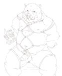  2013 anthro balls bdsm belly blush bondage bound maguro male mammal moobs navel nipples overweight overweight_male penis rope solo suid suina sus_(pig) text wild_boar 