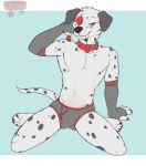  2019 anthro biceps biped bulge canid canine canis claws clothed clothing collar dalmatian digital_media_(artwork) domestic_dog fingers fur gloves_(marking) grey_body grey_clothing grey_fur grey_underwear head_tuft hi_res leash leg_markings looking_at_viewer male mammal markings multicolored_tail muscular muscular_male pecs red_body red_fur simple_background smile solo spots spotted_body spotted_fur taintedstar toes tuft underwear white_body white_fur 