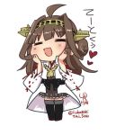  1girl =_= ahoge black_legwear black_skirt boots brown_hair chibi double_bun eyebrows_visible_through_hair full_body headgear heart kantai_collection kongou_(kantai_collection) long_hair lr_hijikata nontraditional_miko open_mouth remodel_(kantai_collection) signature simple_background skirt solo thigh_boots thighhighs twitter_username white_background 