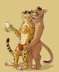  anthro balls_outline beverage black_spots cheetah clothed clothing duo erection erection_under_clothing felid feline fur hi_res holding_glass holding_object male mammal multicolored_body multicolored_fur open_mouth paintfox simple_background spots spotted_body spotted_fur story story_in_description striped_tail stripes topless 