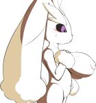  anthro big_breasts blush bodily_fluids breasts brown_body brown_fur female fur hi_res lagomorph lopunny mammal nintendo nipples nude pok&eacute;mon pok&eacute;mon_(species) purple_eyes pururing simple_background solo sweat thick_thighs video_games white_background wide_hips 