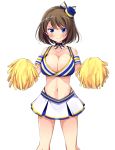  1girl black_panties blue_bikini_top blue_eyes blue_headwear blush brown_hair cheerleader commentary_request cowboy_shot hair_ornament hat highleg highleg_panties kantai_collection looking_at_viewer maya_(kantai_collection) mini_hat odawara_hakone panties pleated_skirt pom_poms short_hair simple_background skirt solo standing sweat underwear white_background white_skirt x_hair_ornament 