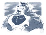  2019 4:3 abs anthro beard biceps big_muscles body_hair canid canine canis chest_hair clothed clothing domestic_dog facial_hair grin hair half-length_portrait huge_muscles looking_at_viewer male mammal monochrome muscular muscular_male nipples pecs portrait siriusdog smile solo teeth topless triceps zekken 
